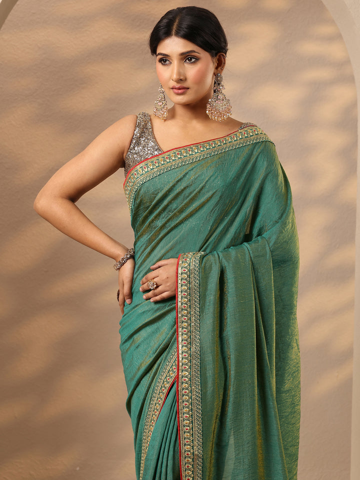 Green Solid Silk Blend Saree With Unstitched Blouse Piece