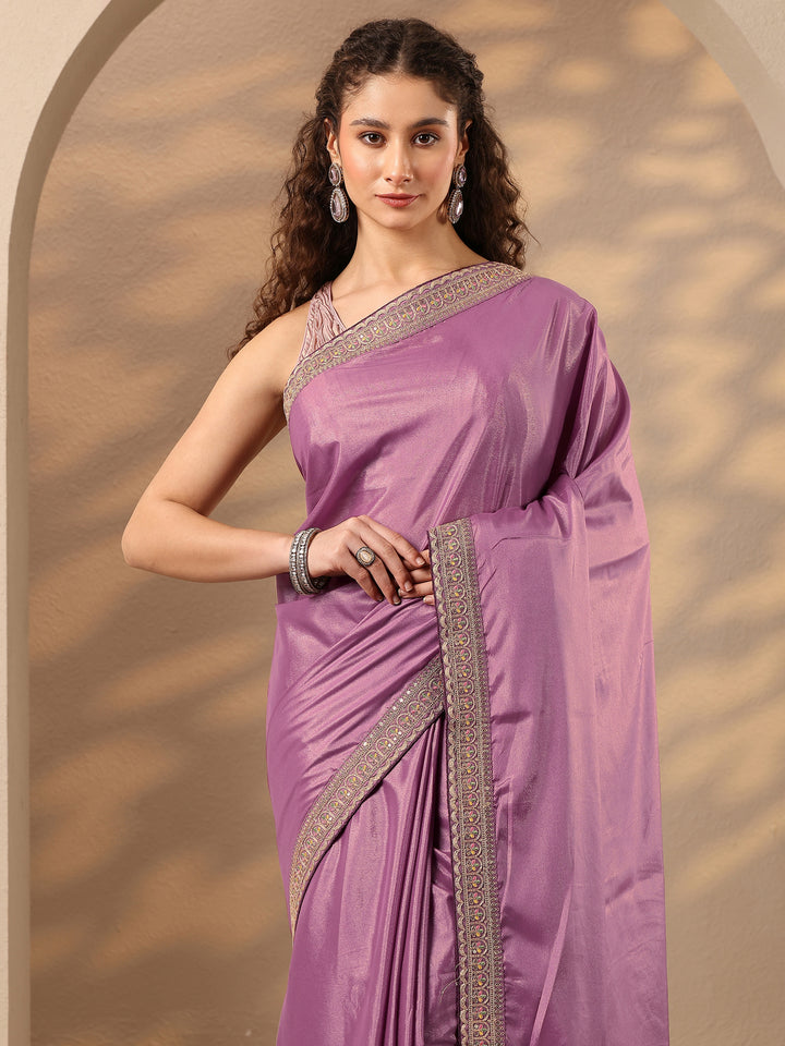 Lavender Solid Silk Blend Saree With Unstitched Blouse Piece