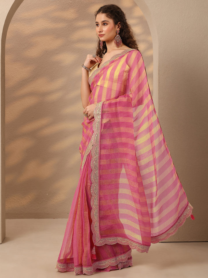 Pink Striped Embellished Silk Blend Saree With Unstitched Blouse Piece