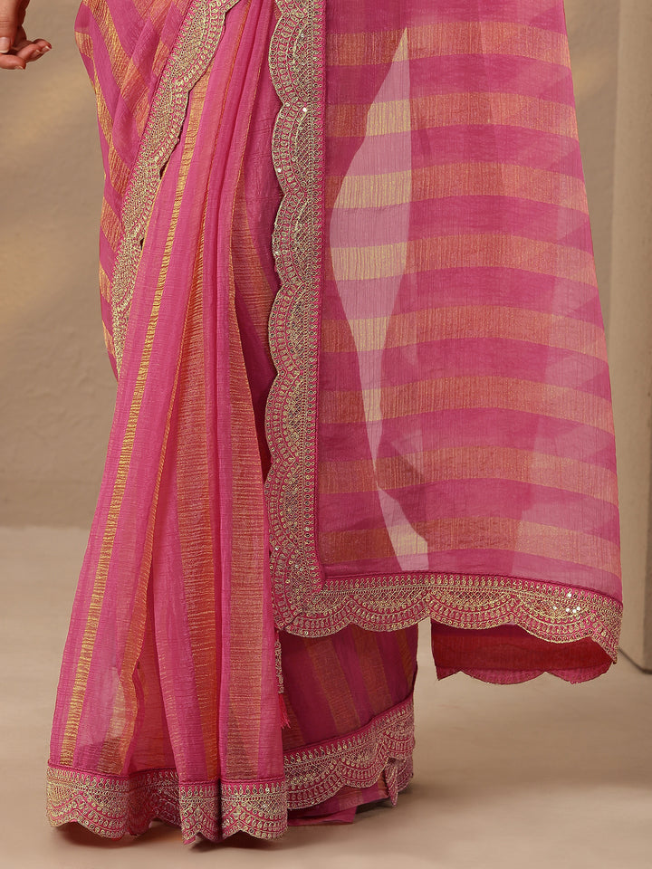 Pink Striped Embellished Silk Blend Saree With Unstitched Blouse Piece