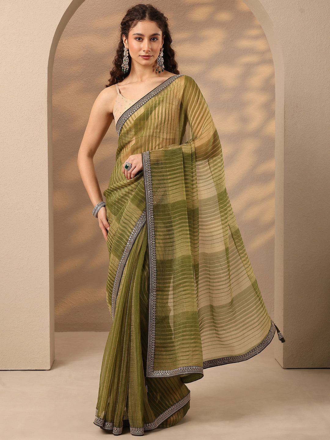 Green Striped Embellished Silk Blend Saree With Unstitched Blouse Piece
