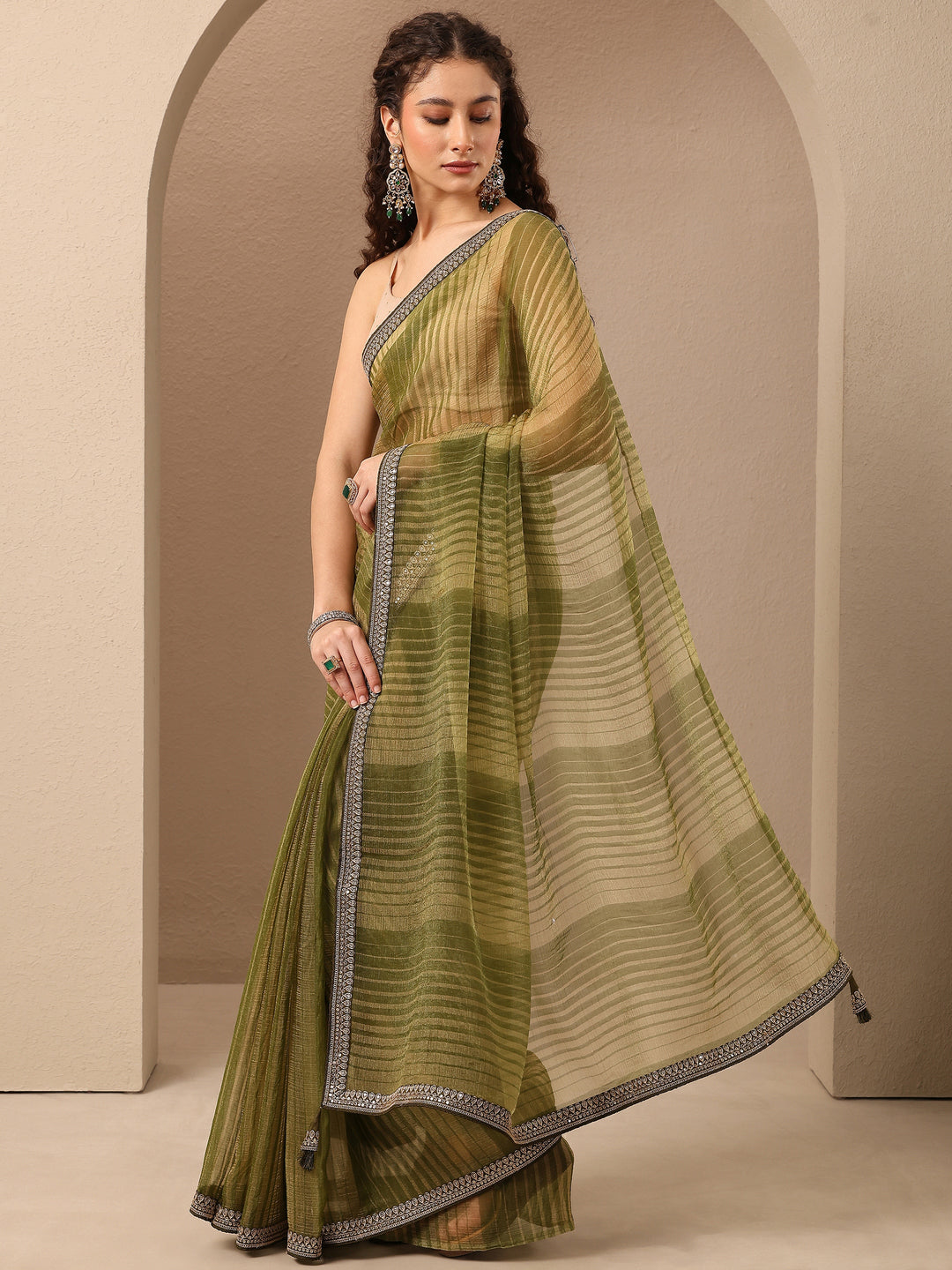 Green Striped Embellished Silk Blend Saree With Unstitched Blouse Piece