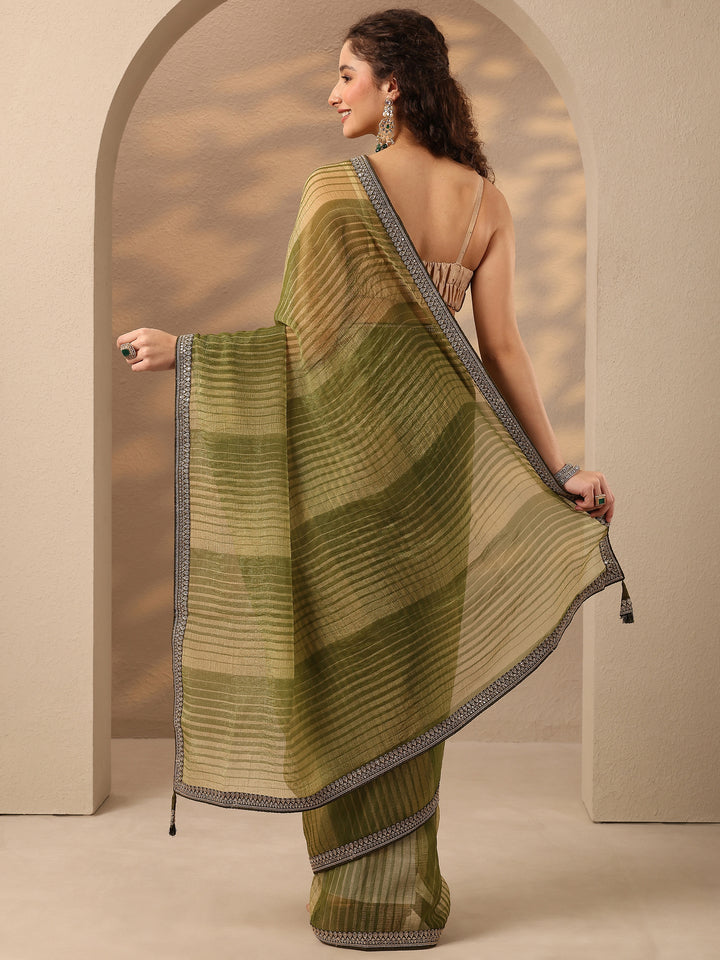 Green Striped Embellished Silk Blend Saree With Unstitched Blouse Piece