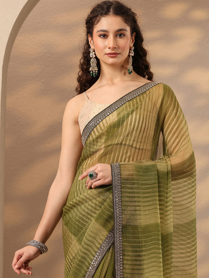 Green Striped Embellished Silk Blend Saree With Unstitched Blouse Piece