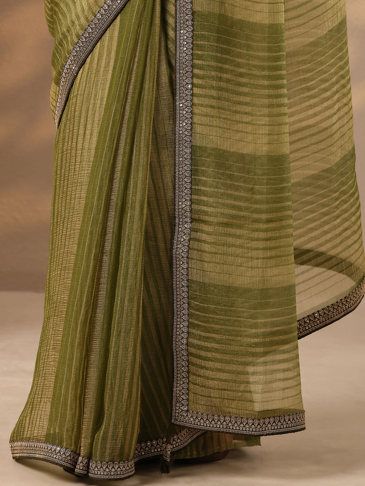 Green Striped Embellished Silk Blend Saree With Unstitched Blouse Piece