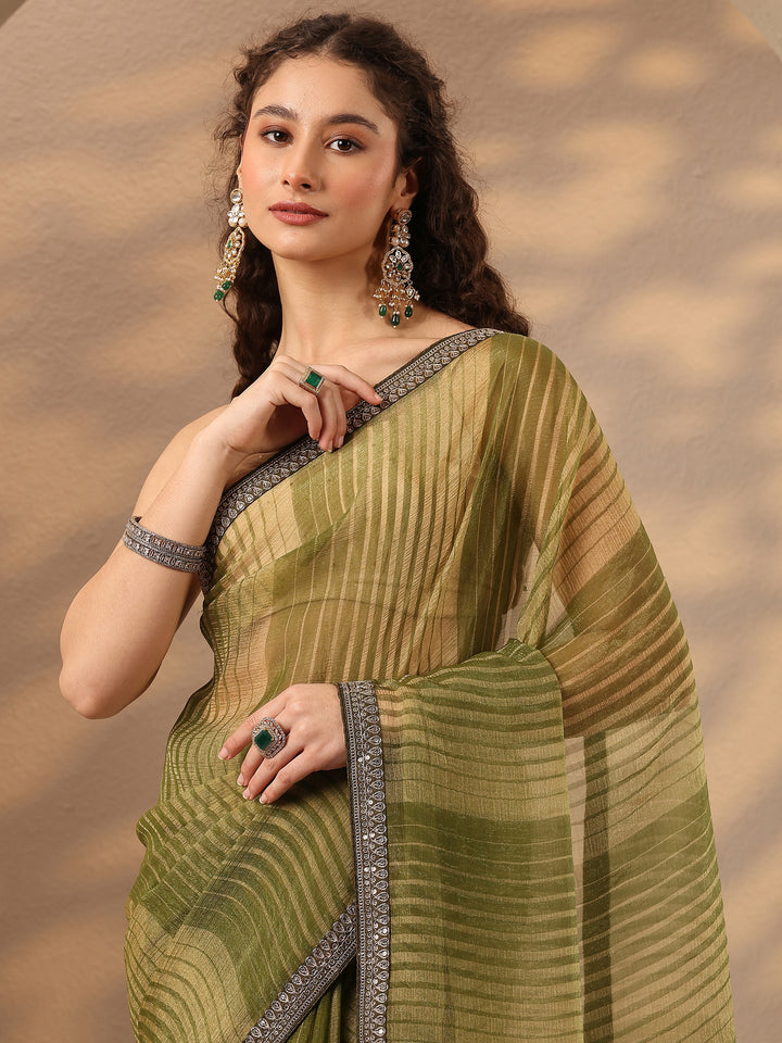Green Striped Embellished Silk Blend Saree With Unstitched Blouse Piece