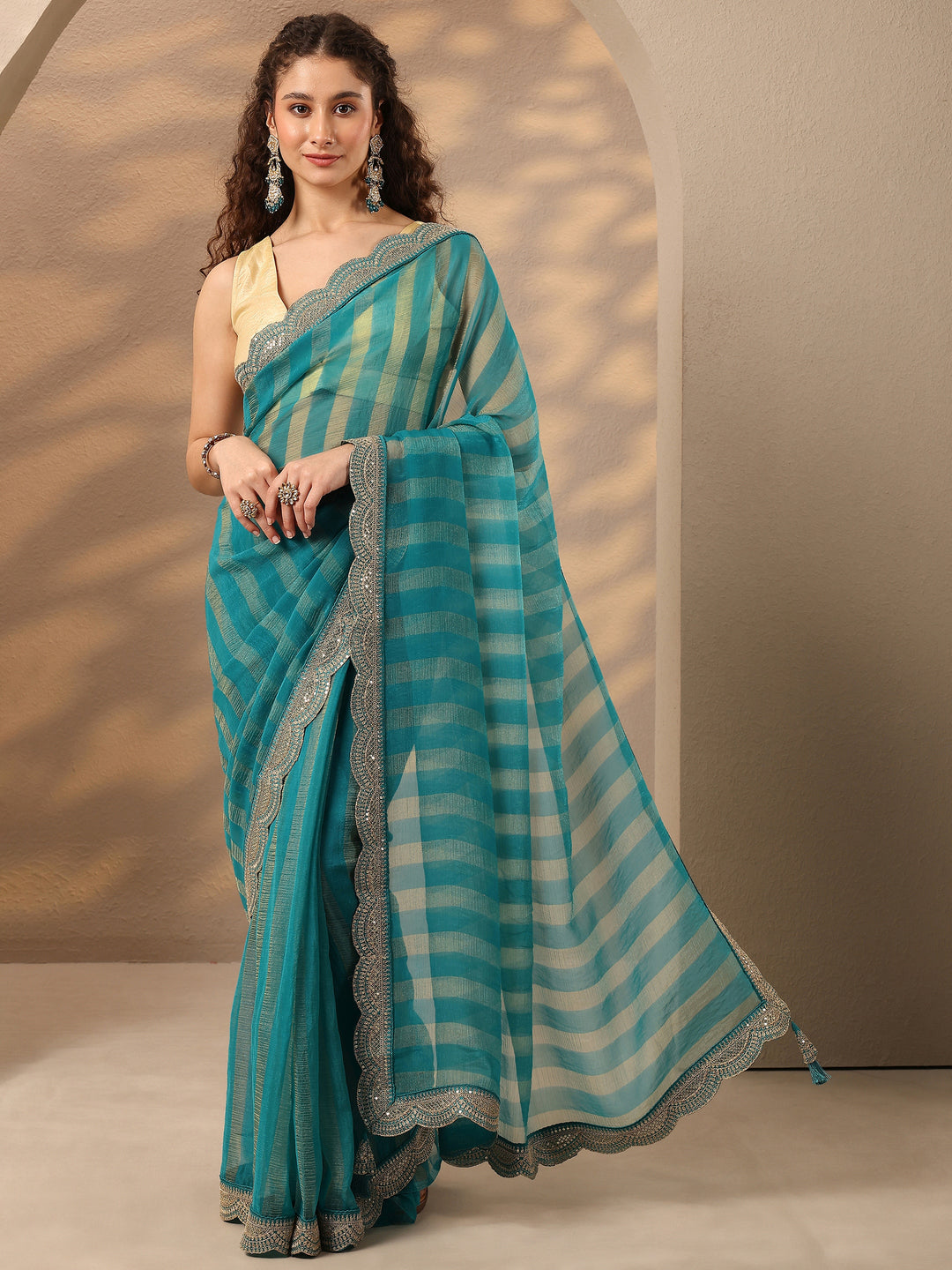 Blue Striped Embellished Silk Blend Saree With Unstitched Blouse Piece