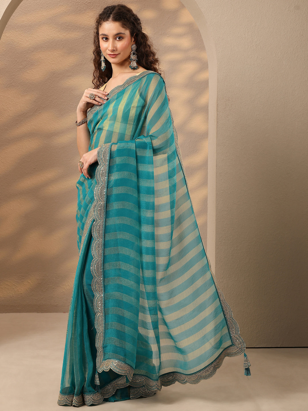 Blue Striped Embellished Silk Blend Saree With Unstitched Blouse Piece