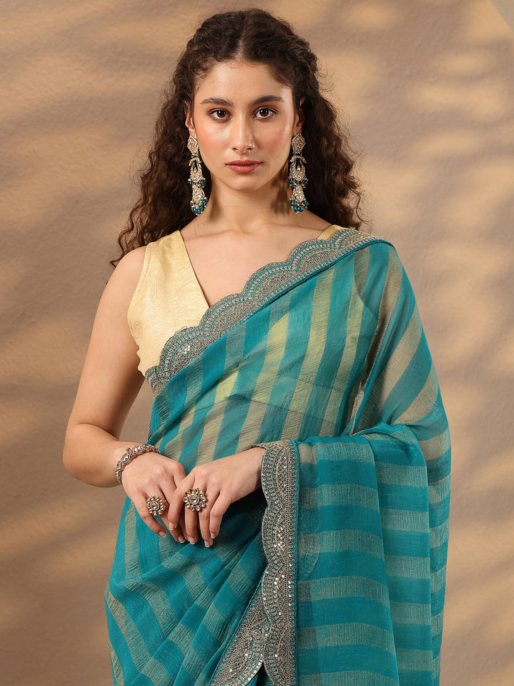 Blue Striped Embellished Silk Blend Saree With Unstitched Blouse Piece