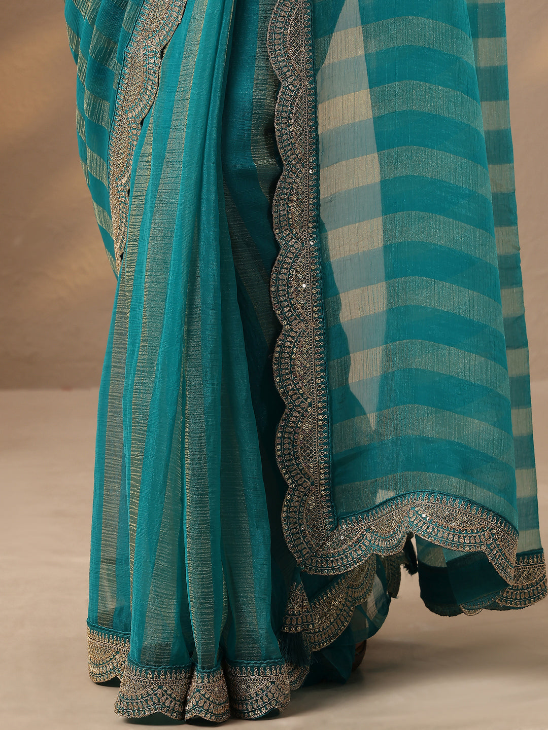 Blue Striped Embellished Silk Blend Saree With Unstitched Blouse Piece