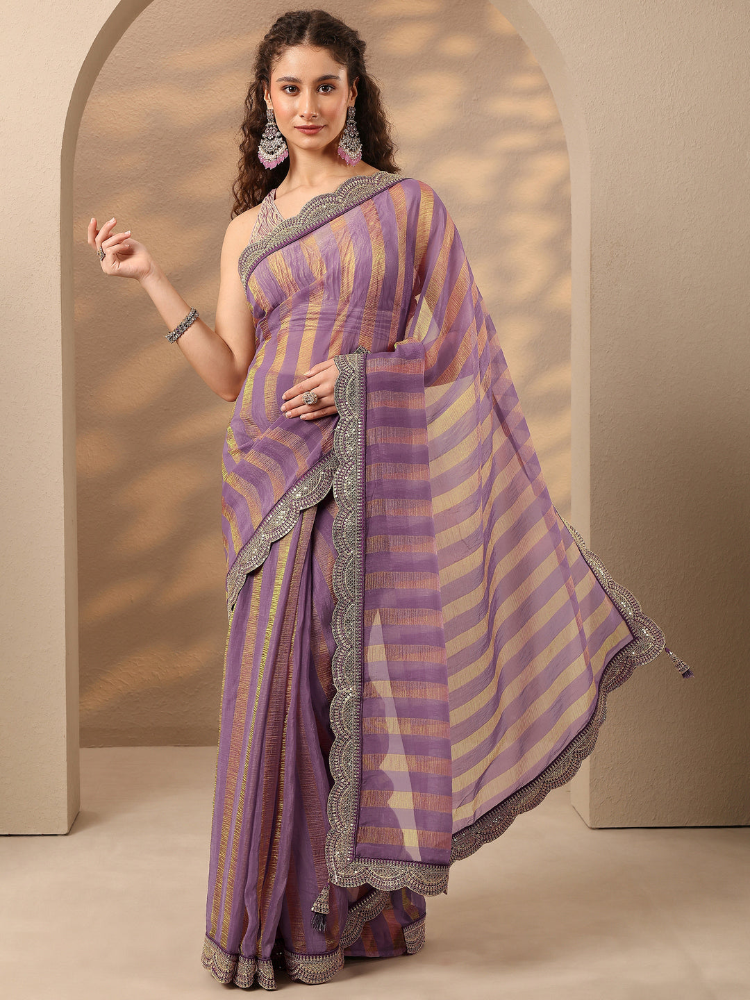 Lavender Striped Embellished Silk Blend Saree With Unstitched Blouse Piece