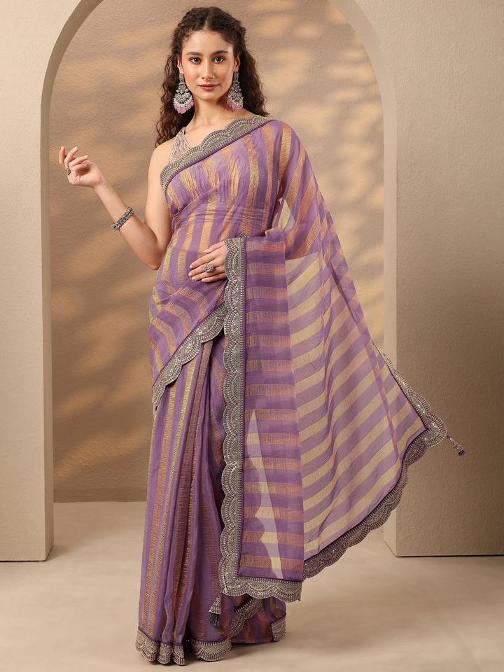 Lavender Striped Embellished Silk Blend Saree With Unstitched Blouse Piece