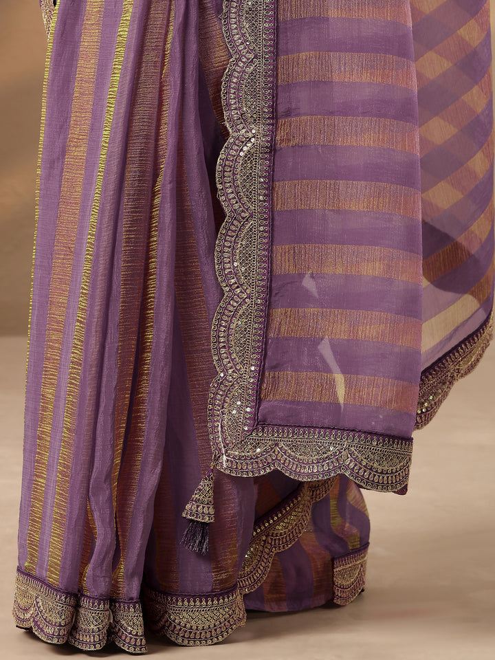 Lavender Striped Embellished Silk Blend Saree With Unstitched Blouse Piece