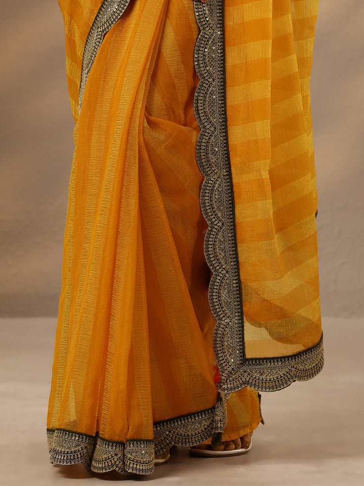 Yellow Striped Embellished Silk Blend Saree With Unstitched Blouse Piece