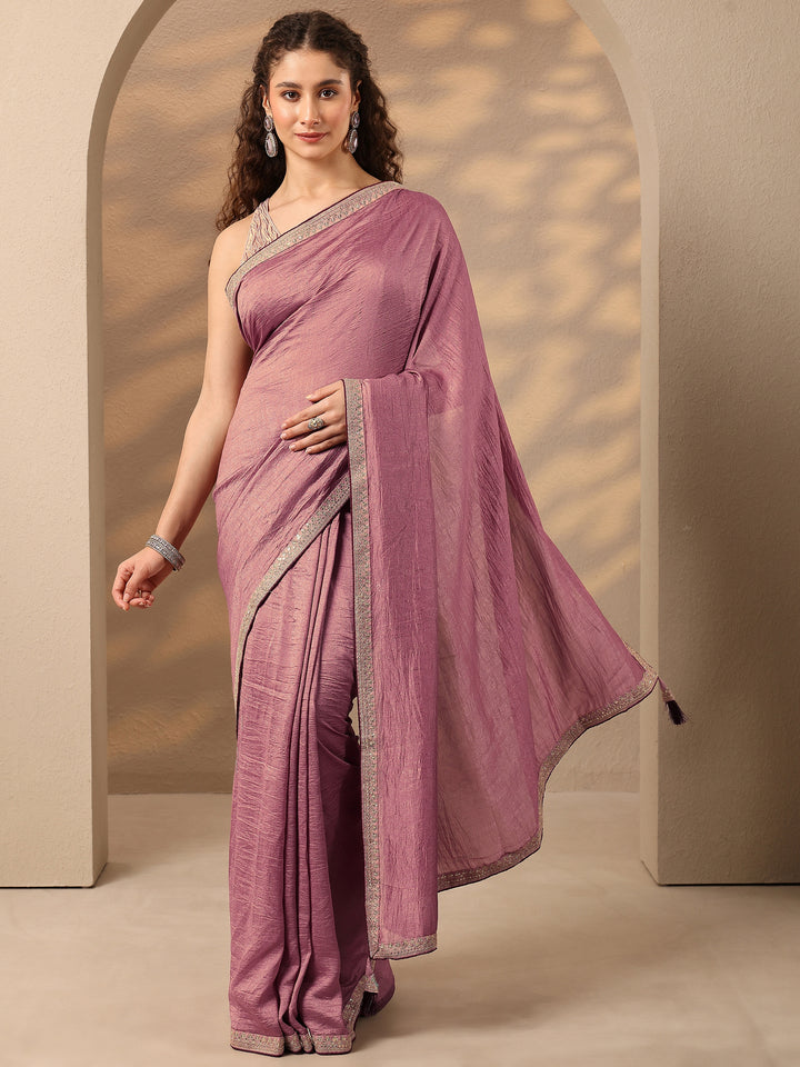 Mauve Solid Silk Blend Saree With Unstitched Blouse Piece