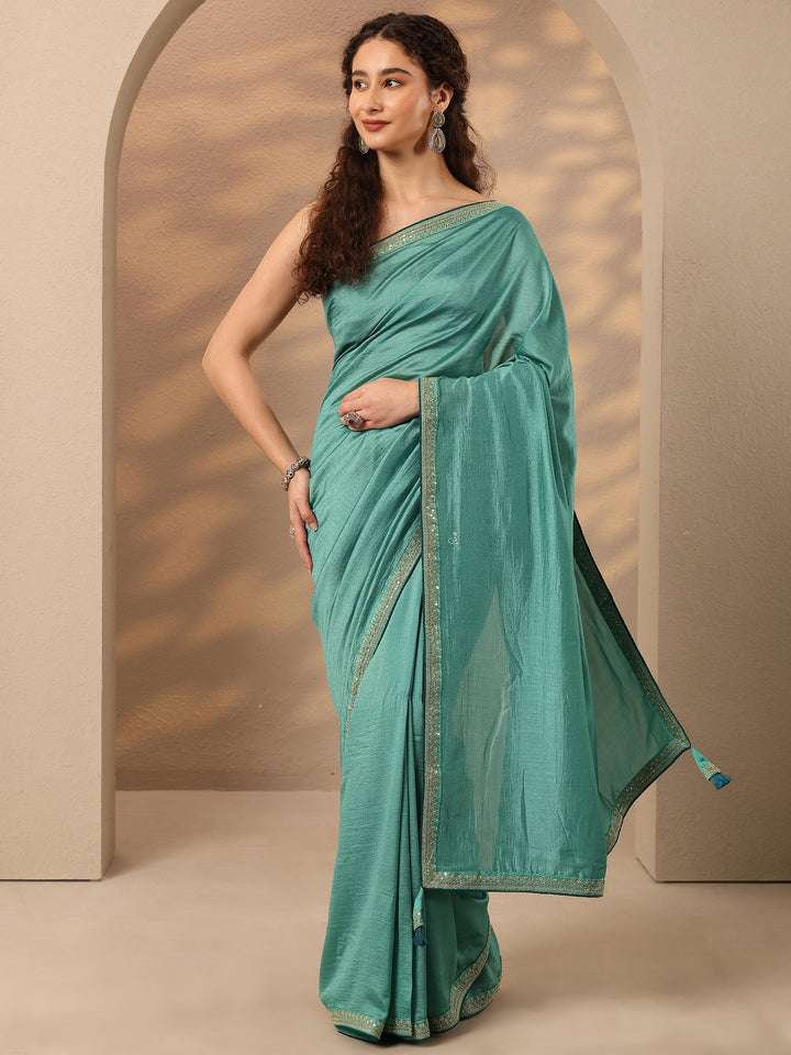 Green Solid Silk Blend Saree With Unstitched Blouse Piece