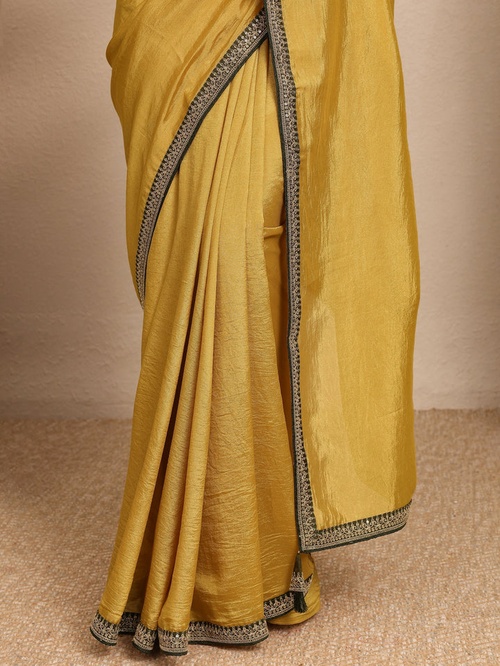 Yellow Solid Silk Blend Saree With Unstitched Blouse Piece