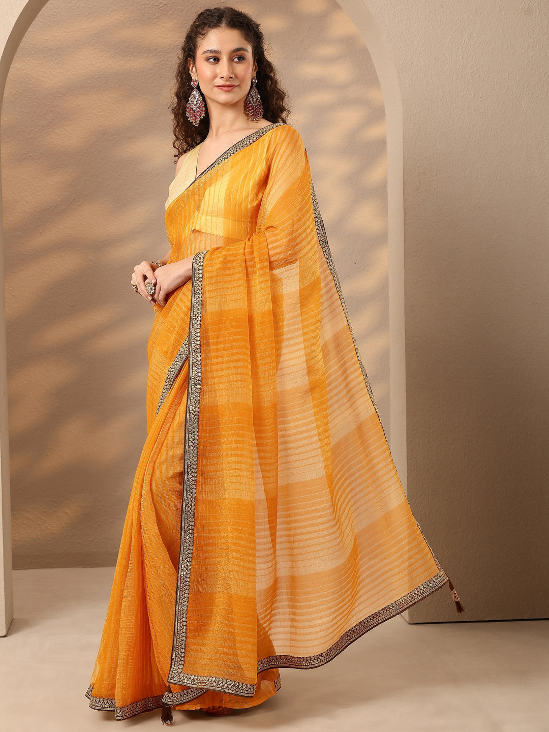 Mustard Striped Embellished Silk Blend Saree With Unstitched Blouse Piece