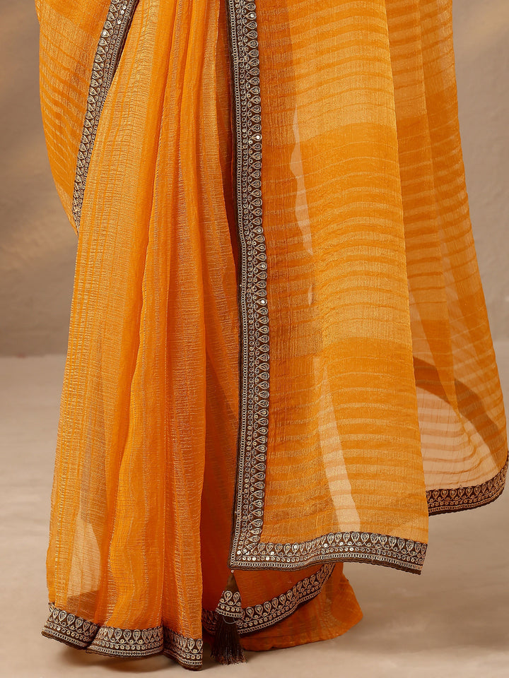 Mustard Striped Embellished Silk Blend Saree With Unstitched Blouse Piece
