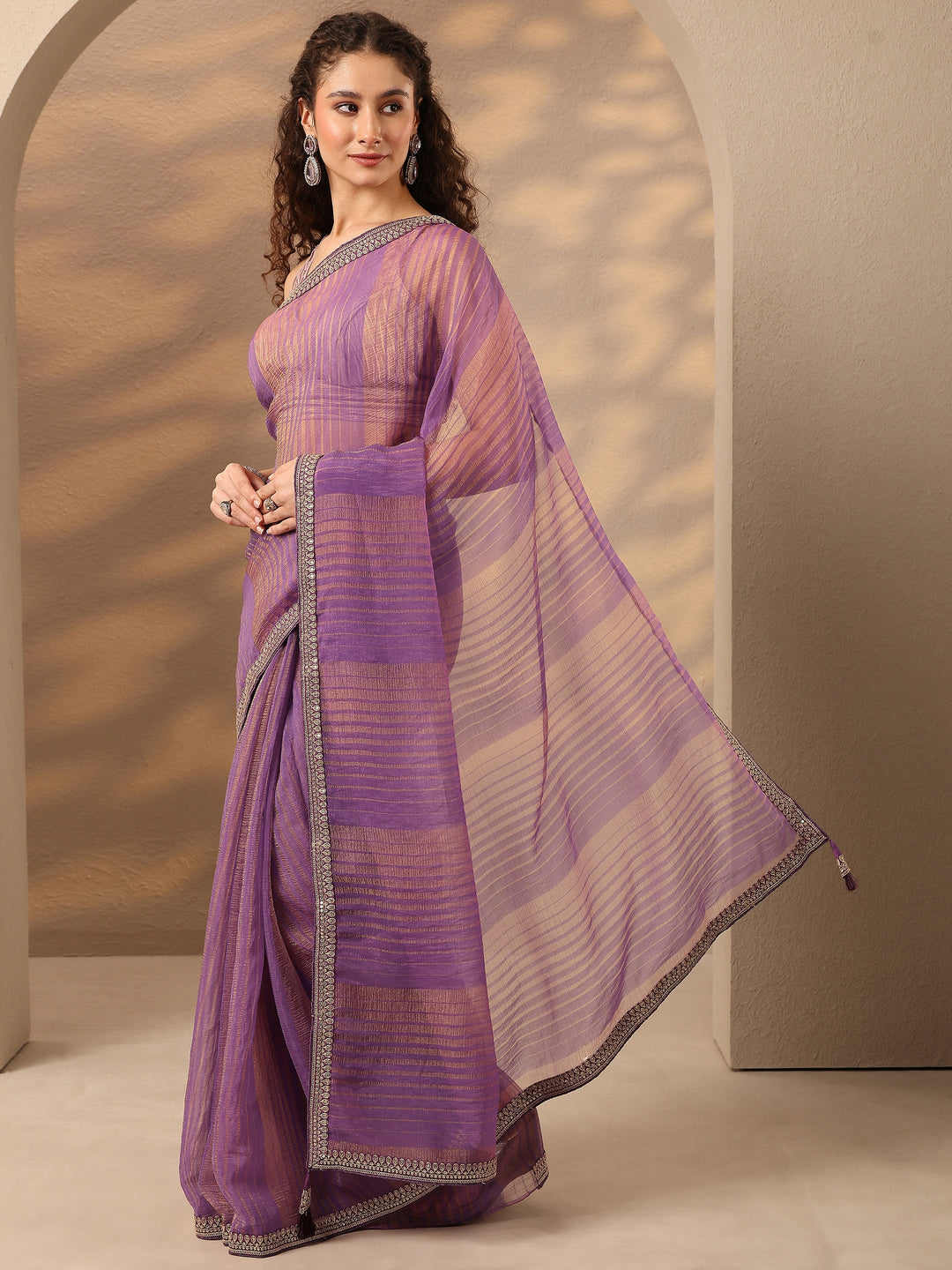 Purple Striped Embellished Silk Blend Saree With Unstitched Blouse Piece