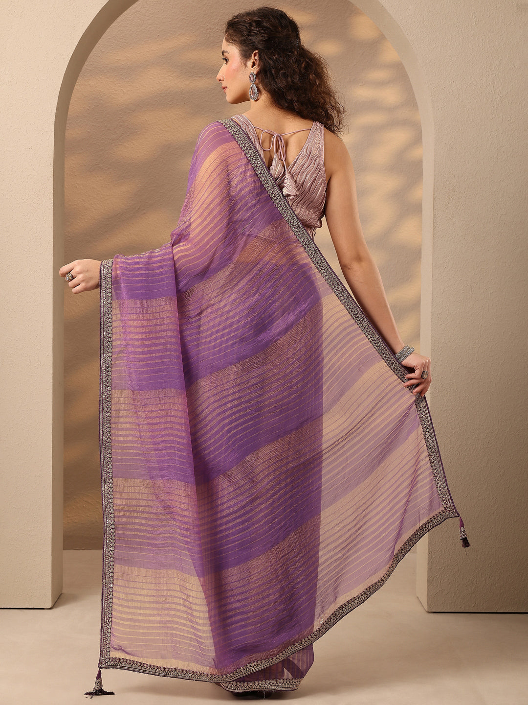 Purple Striped Embellished Silk Blend Saree With Unstitched Blouse Piece