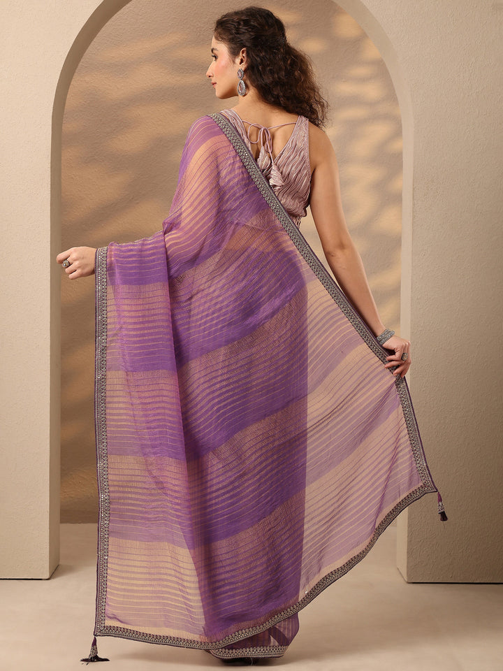 Purple Striped Embellished Silk Blend Saree With Unstitched Blouse Piece