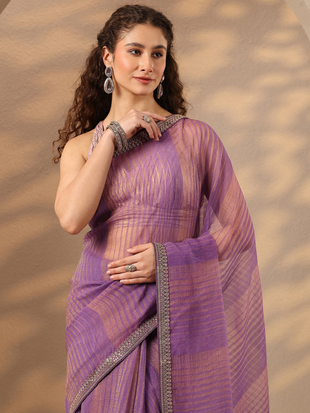 Purple Striped Embellished Silk Blend Saree With Unstitched Blouse Piece