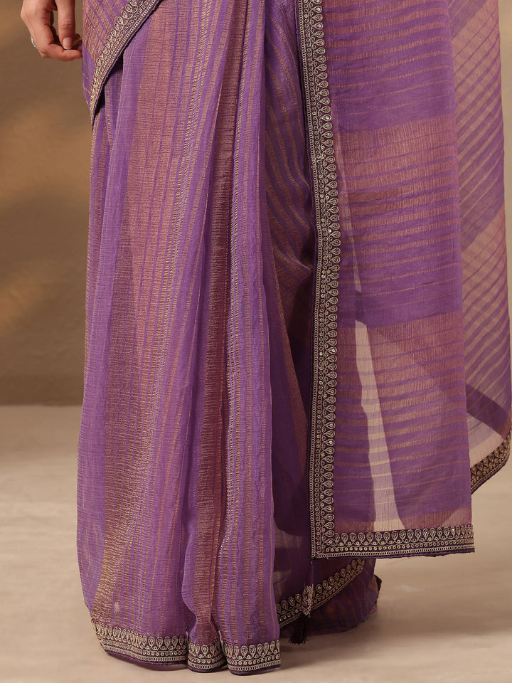 Purple Striped Embellished Silk Blend Saree With Unstitched Blouse Piece