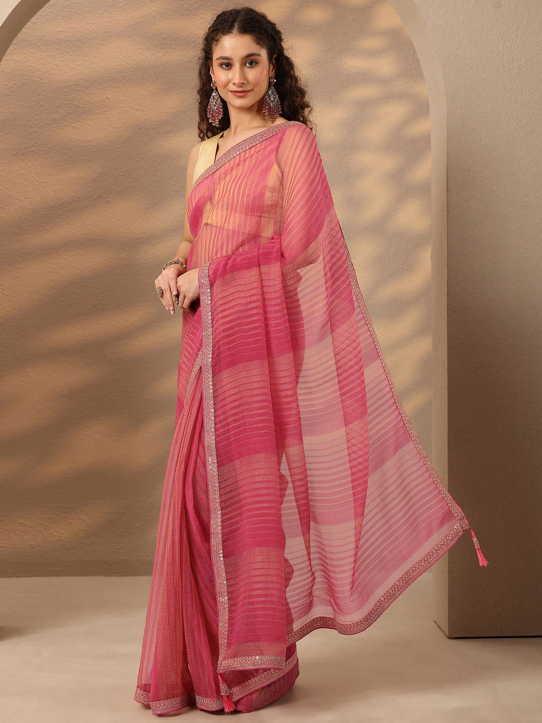 Pink Striped Embellished Silk Blend Saree With Unstitched Blouse Piece