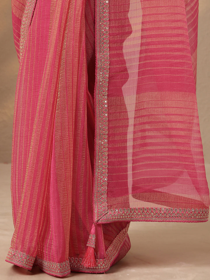 Pink Striped Embellished Silk Blend Saree With Unstitched Blouse Piece