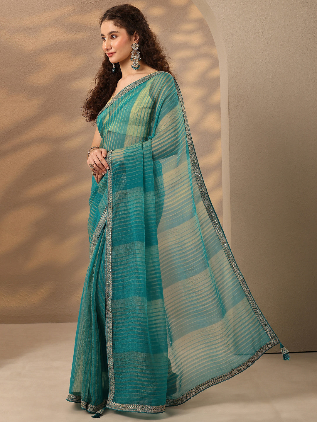 Green Striped Embellished Silk Blend Saree With Unstitched Blouse Piece