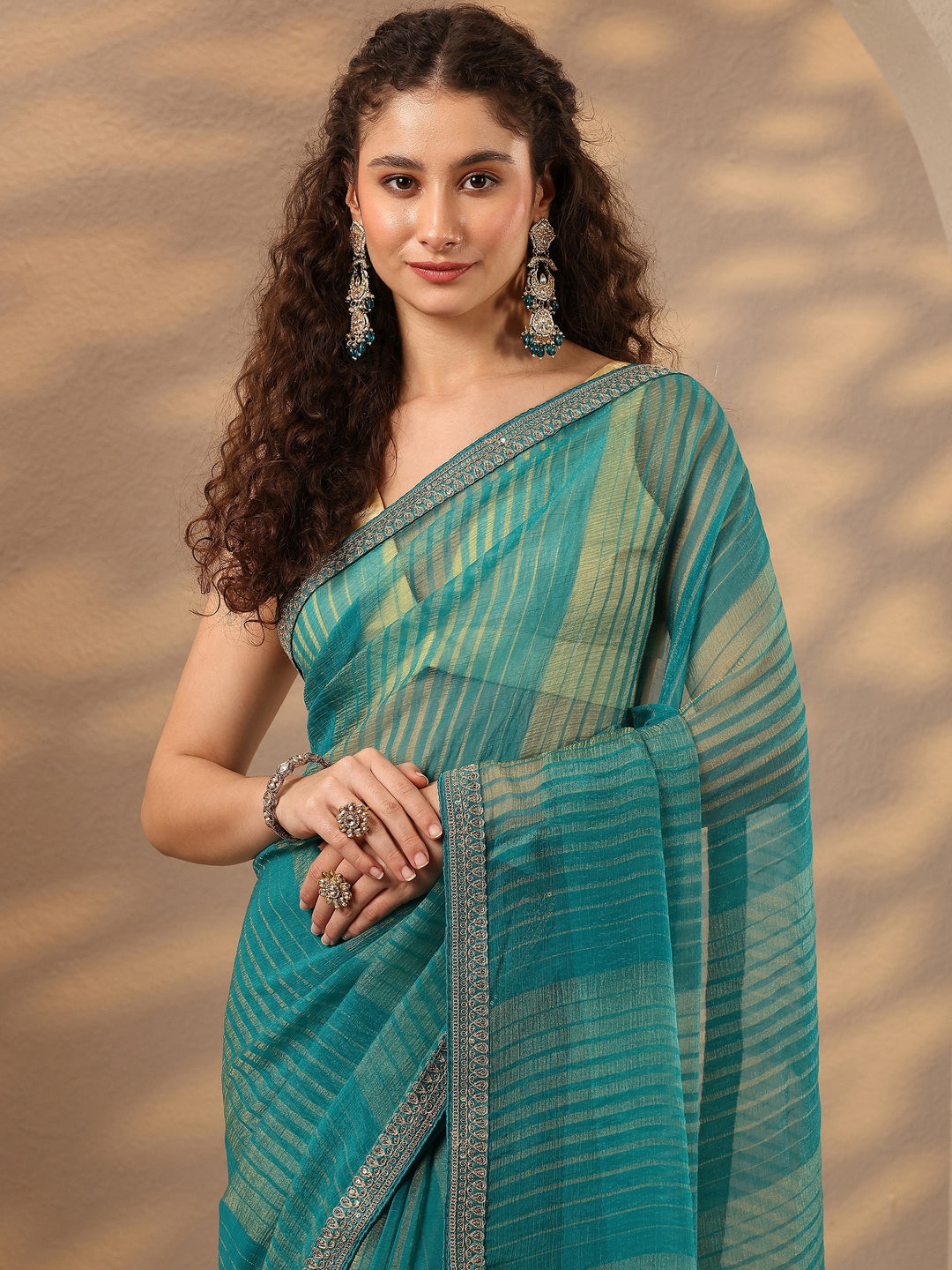 Green Striped Embellished Silk Blend Saree With Unstitched Blouse Piece