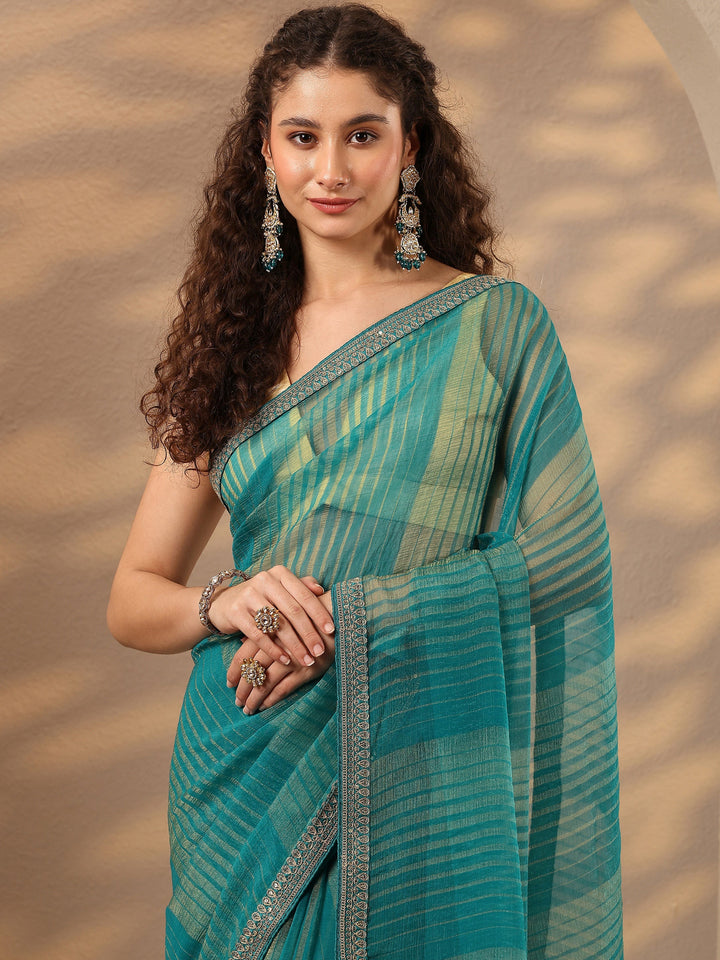 Green Striped Embellished Silk Blend Saree With Unstitched Blouse Piece
