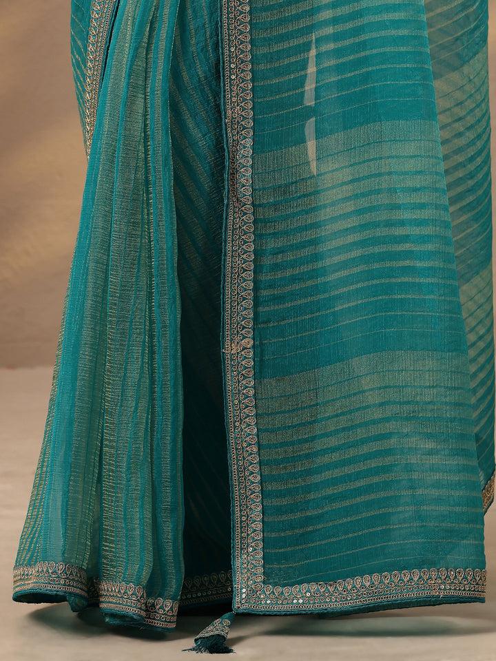 Green Striped Embellished Silk Blend Saree With Unstitched Blouse Piece