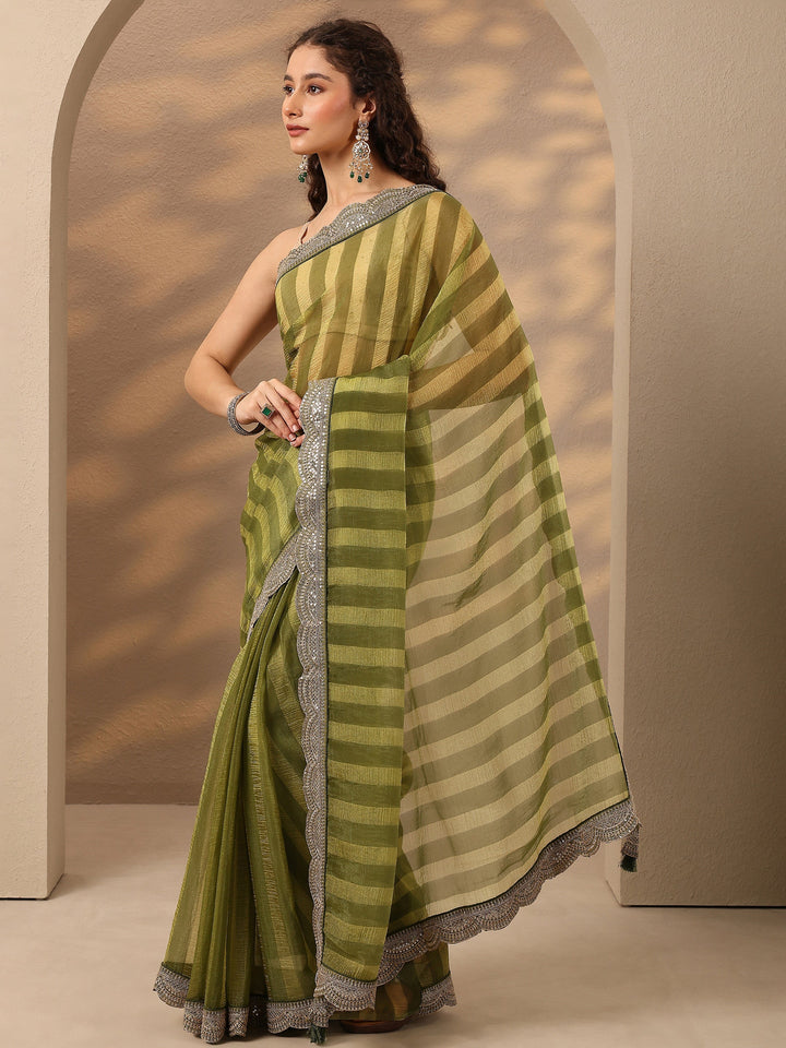 Green Striped Embellished Silk Blend Saree With Unstitched Blouse Piece