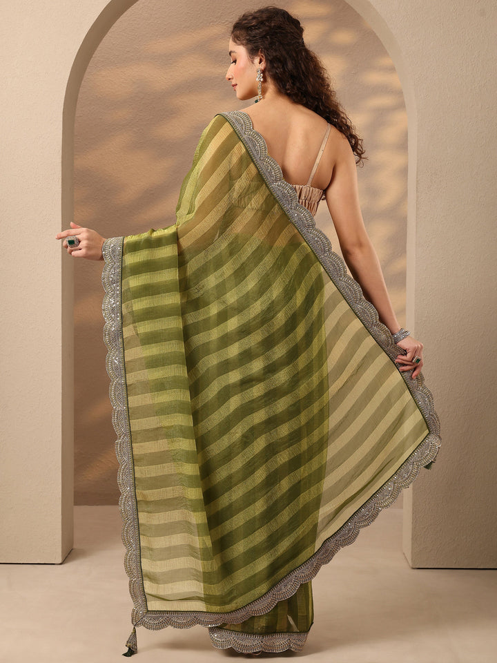 Green Striped Embellished Silk Blend Saree With Unstitched Blouse Piece