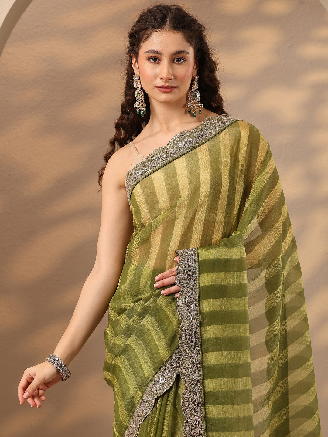 Green Striped Embellished Silk Blend Saree With Unstitched Blouse Piece