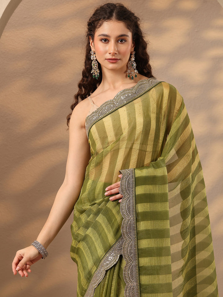 Green Striped Embellished Silk Blend Saree With Unstitched Blouse Piece