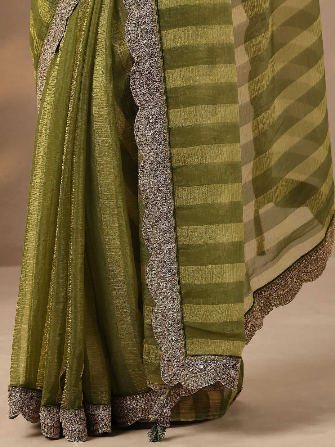Green Striped Embellished Silk Blend Saree With Unstitched Blouse Piece