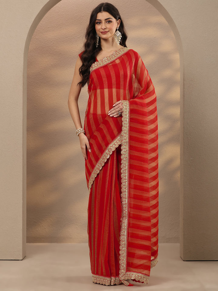 Red Striped Embellished Silk Blend Saree With Unstitched Blouse Piece