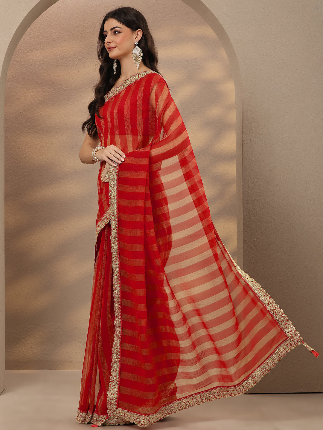 Red Striped Embellished Silk Blend Saree With Unstitched Blouse Piece