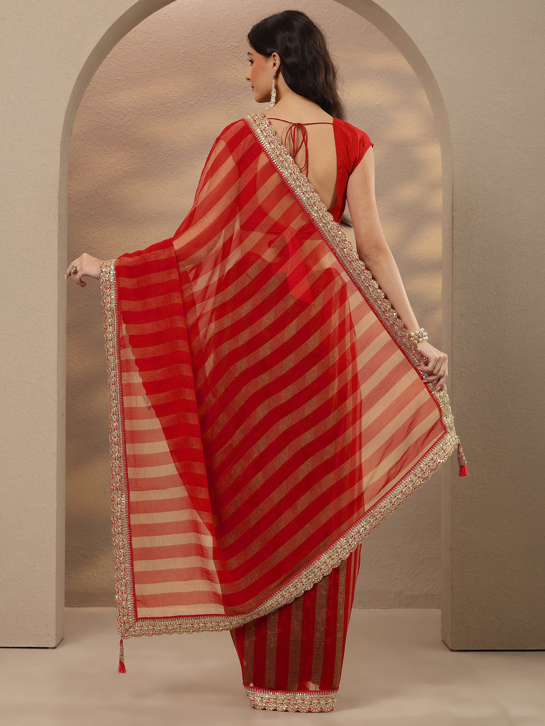Red Striped Embellished Silk Blend Saree With Unstitched Blouse Piece