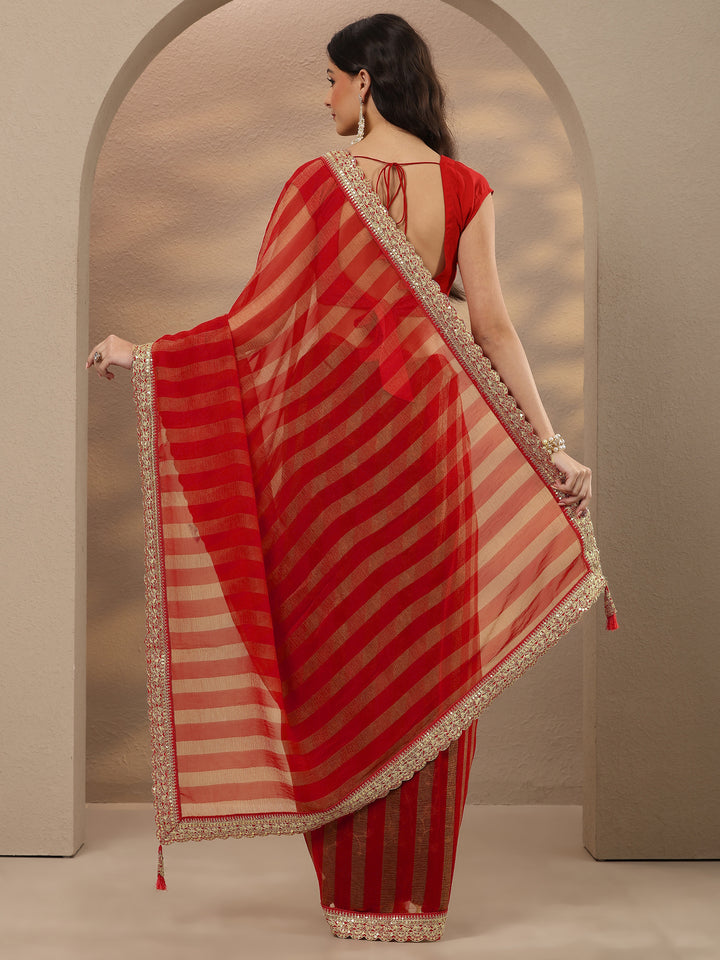Red Striped Embellished Silk Blend Saree With Unstitched Blouse Piece
