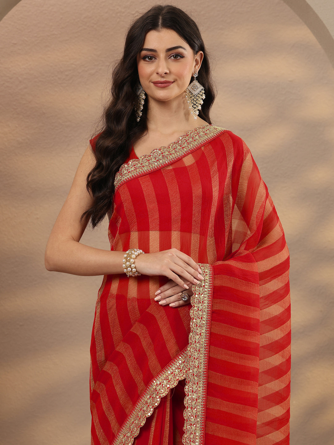 Red Striped Embellished Silk Blend Saree With Unstitched Blouse Piece