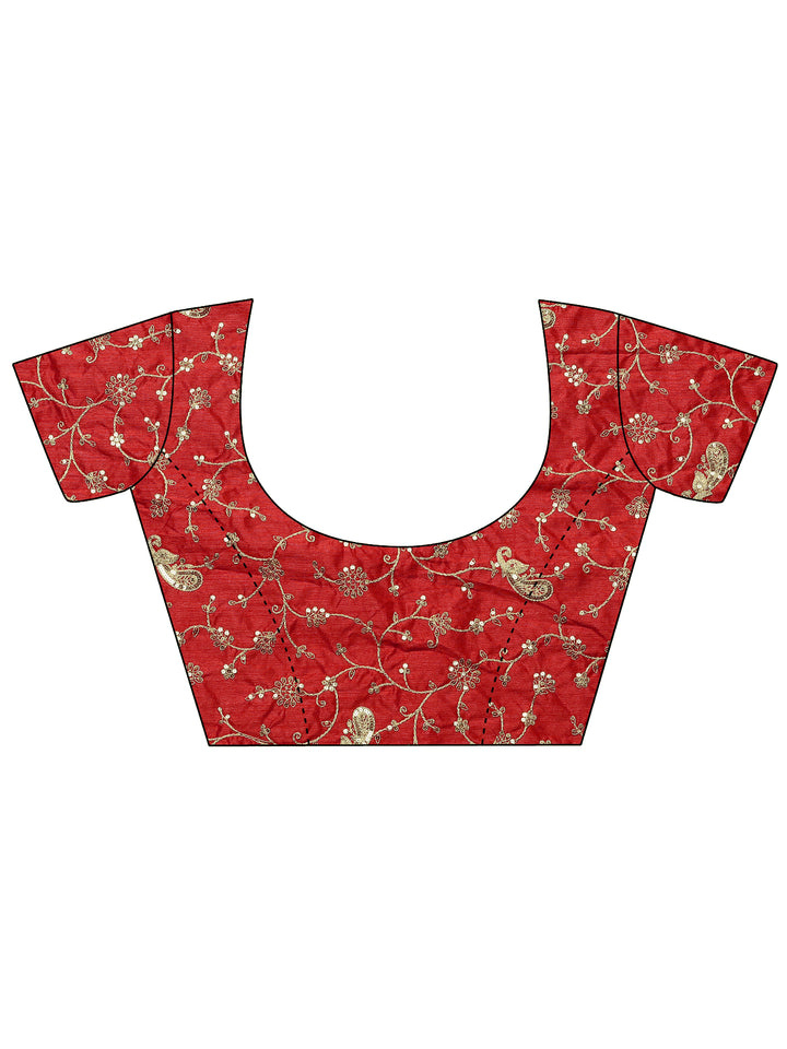 Red Striped Embellished Silk Blend Saree With Unstitched Blouse Piece