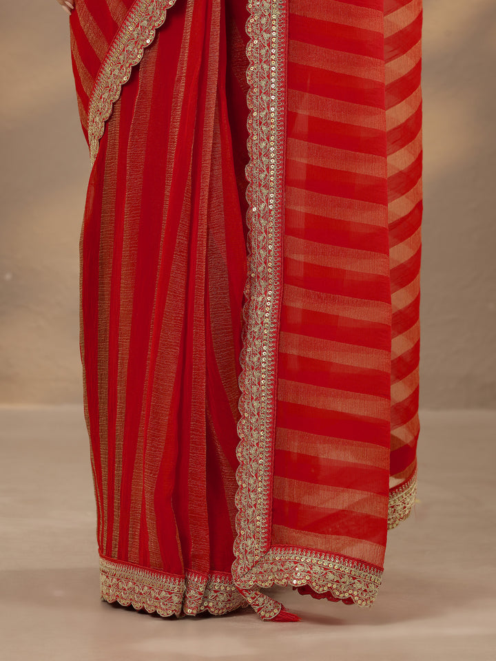 Red Striped Embellished Silk Blend Saree With Unstitched Blouse Piece