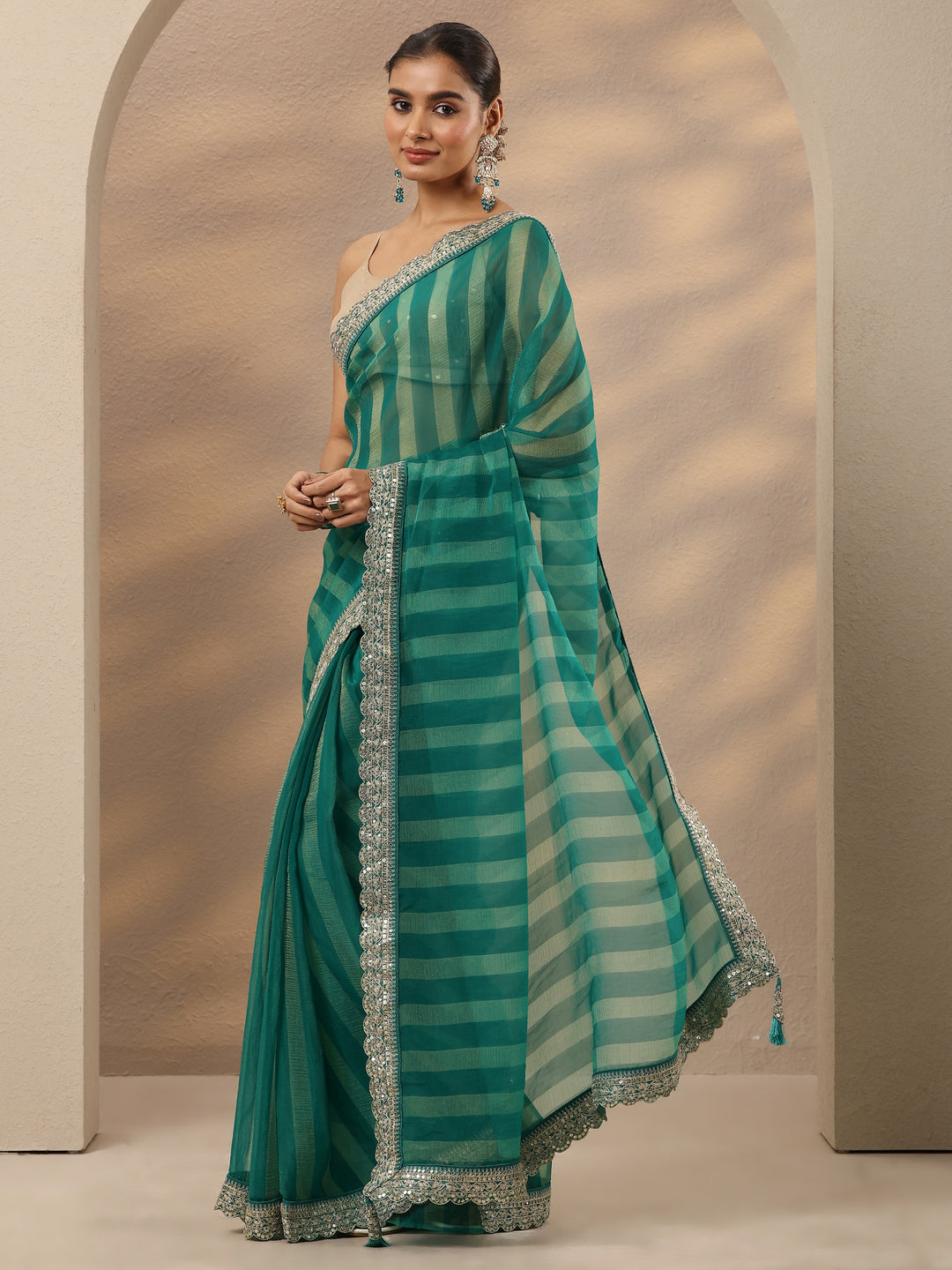 Green Striped Embellished Silk Blend Saree With Unstitched Blouse Piece