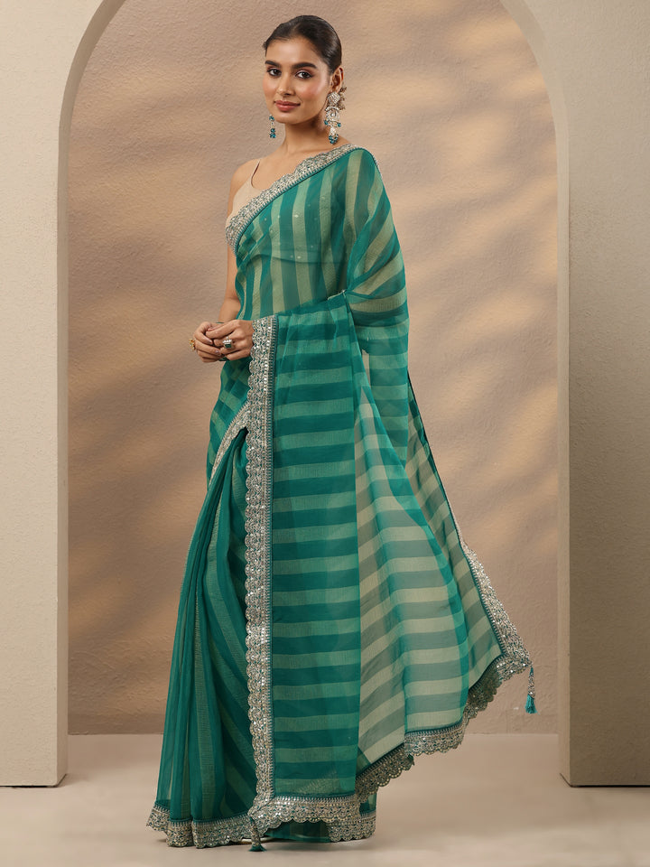 Green Striped Embellished Silk Blend Saree With Unstitched Blouse Piece