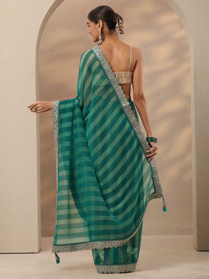Green Striped Embellished Silk Blend Saree With Unstitched Blouse Piece