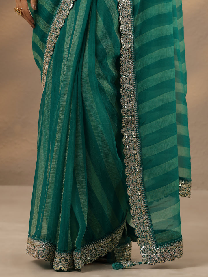 Green Striped Embellished Silk Blend Saree With Unstitched Blouse Piece